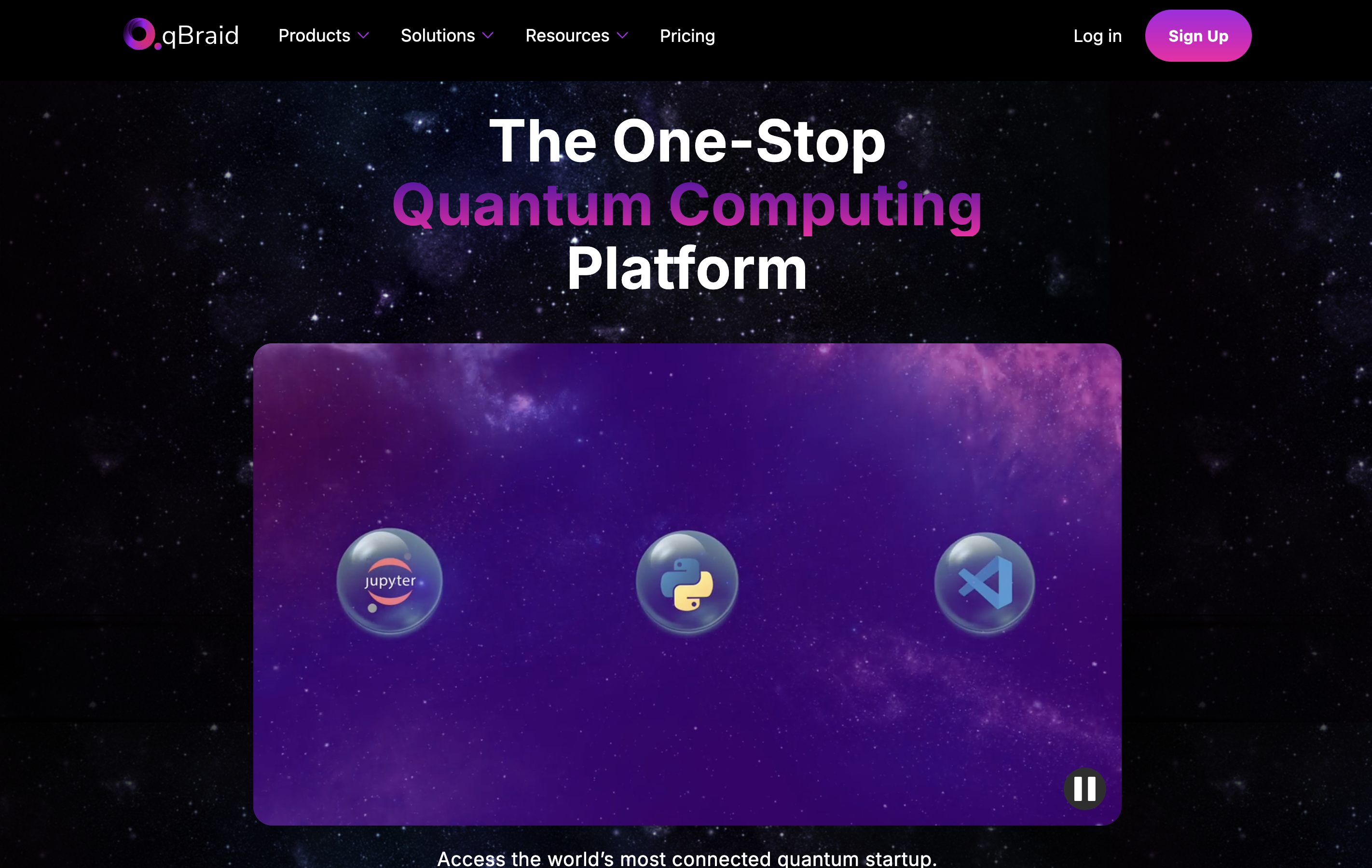 qBraid homepage showing the one-stop quantum computing platform with Jupyter, Python, and VS Code integration